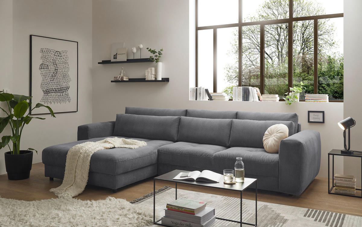 ECKSOFA in Cord Anthrazit  - Anthrazit/Schwarz, Konventionell, Holzwerkstoff/Kunststoff (194/333cm) - MID.YOU