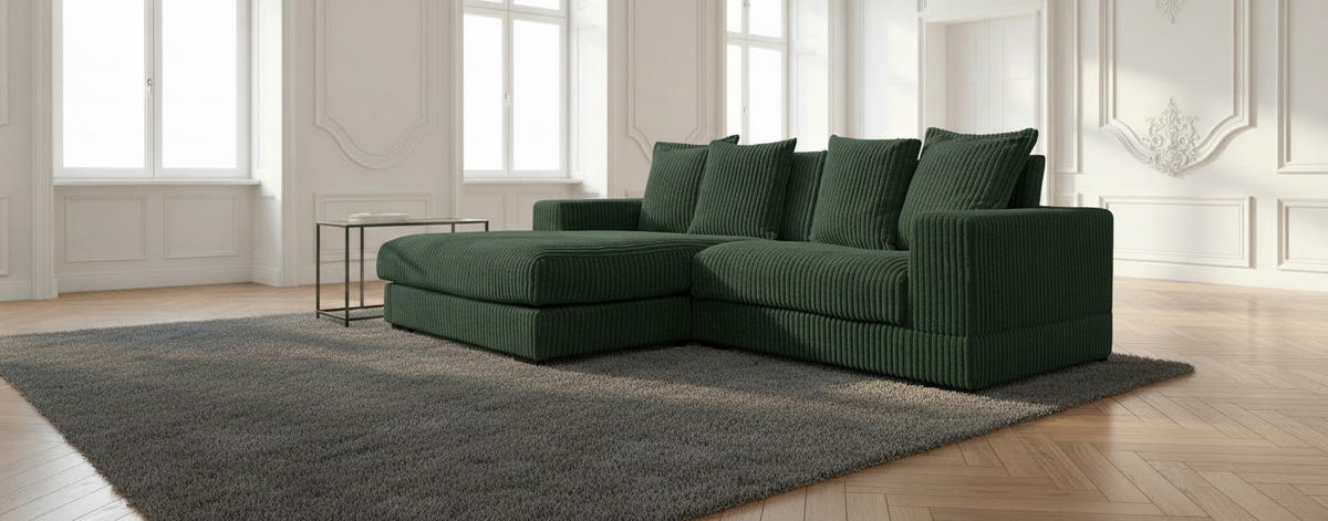 ECKSOFA Dunkelgrün Cord  - Dunkelgrün/Schwarz, Design, Kunststoff/Textil (195/285cm) - MID.YOU