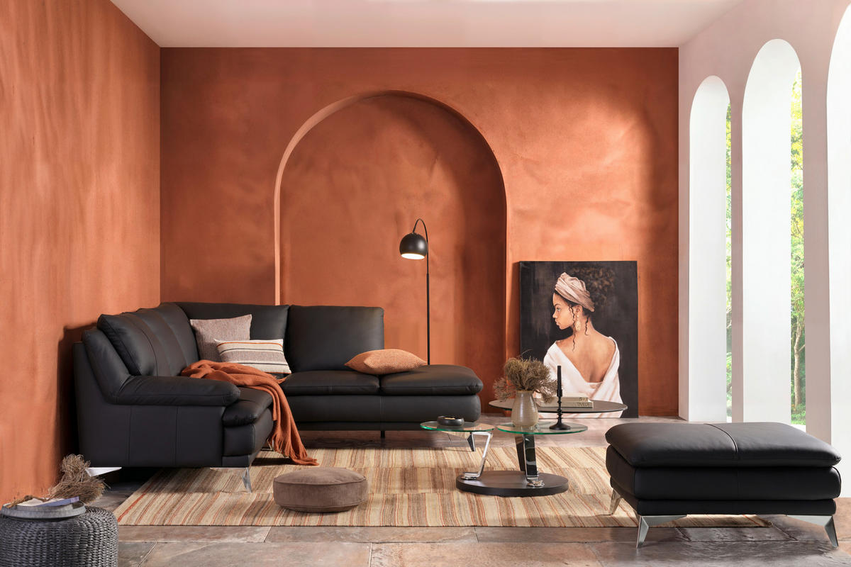 ECKSOFA Schwarz Echtleder  - Chromfarben/Schwarz, Design, Leder/Metall (252/224cm) - Novel