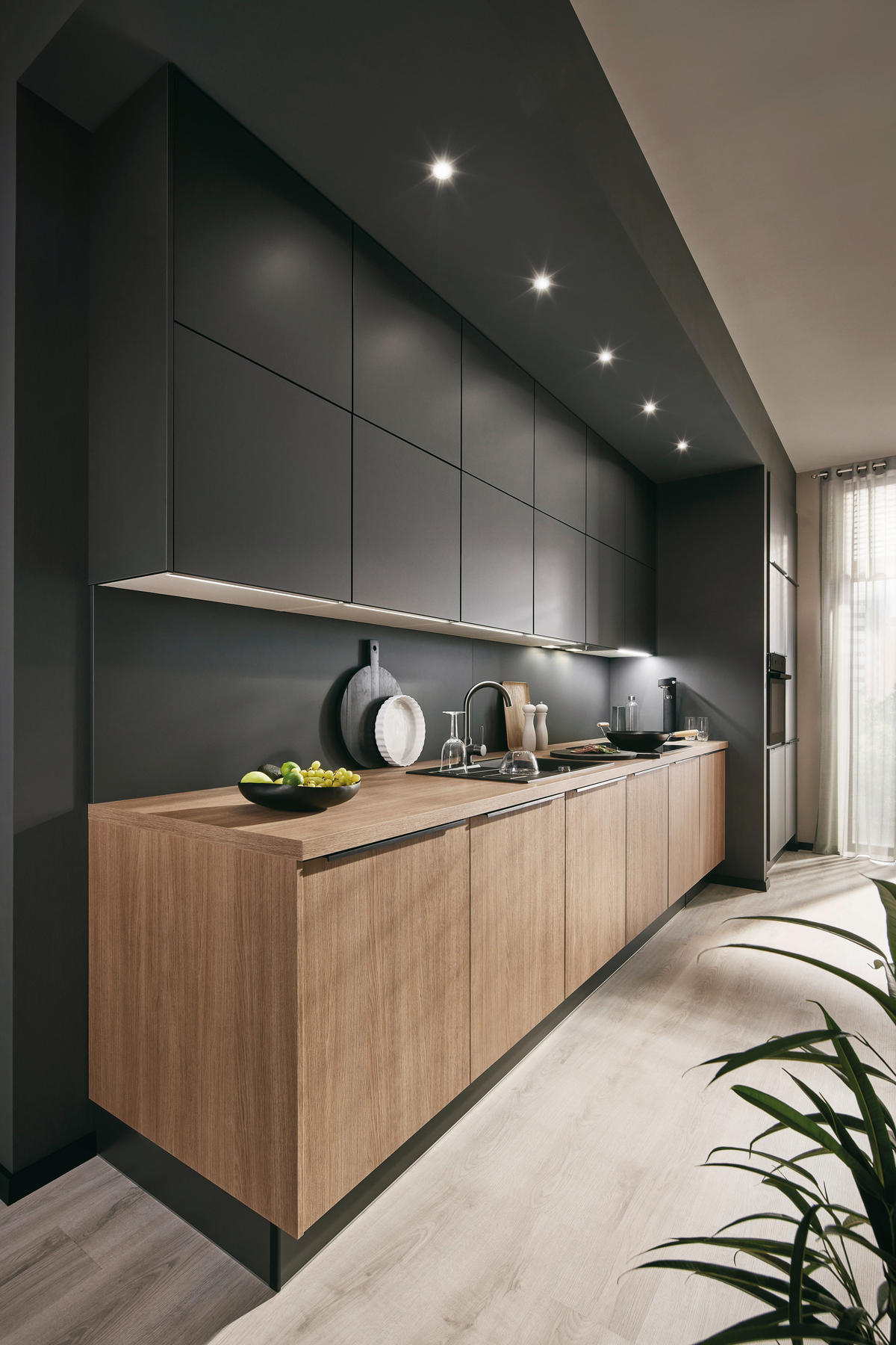 EINBAUKÜCHE   - Eichefarben/Graphitfarben, Design, Holzwerkstoff - Xora