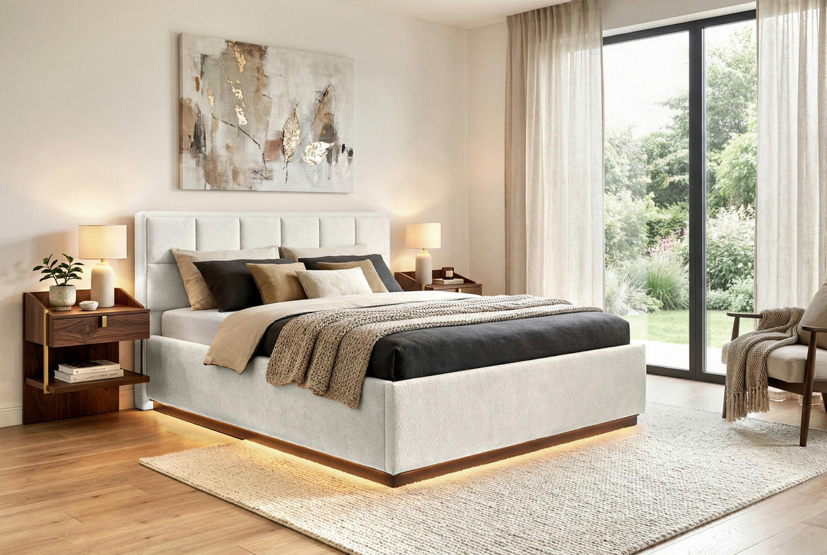 POLSTERBETT 180/200 cm,  in Beige, gepolstertes Kopfteil, Beleuchtung, Lattenrost, Bettkasten,  - Birkefarben/Beige, Design, Holz/Holzwerkstoff (180/200cm) - Chameo