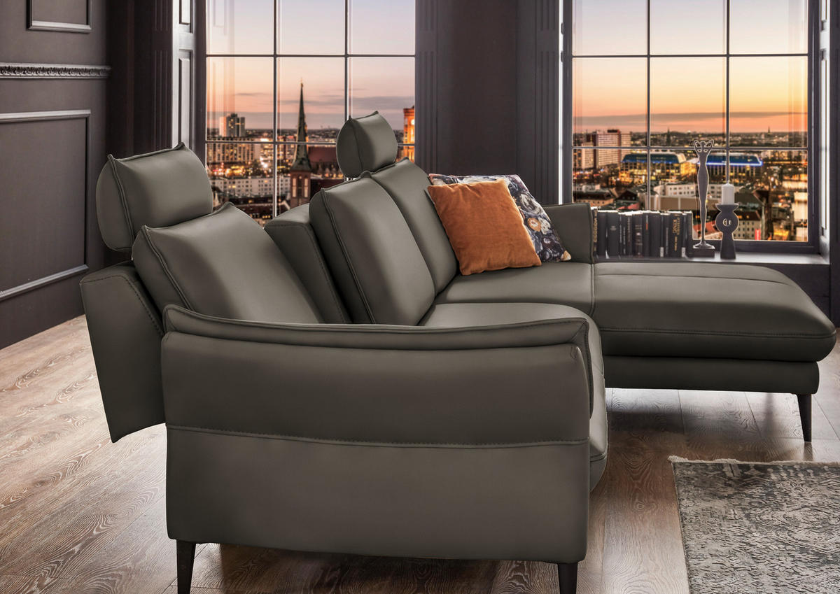 ECKSOFA in Echtleder Graubraun  - Graubraun/Schwarz, Design, Leder/Metall (334/172cm) - Hukla