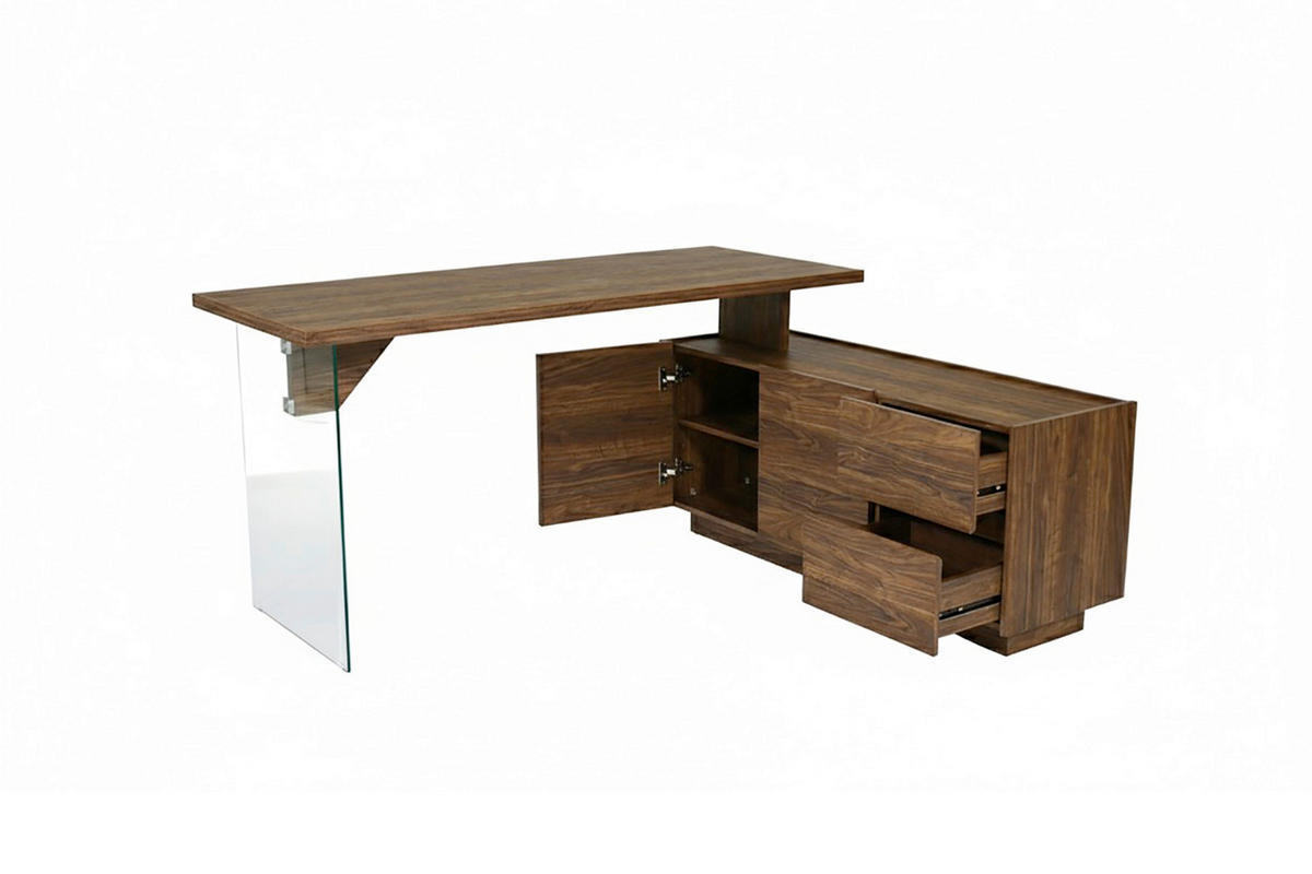 ECKSCHREIBTISCH 160/136/74 cm Walnussfarben Stauraum, seitenverkehrt montierbar  - Eichefarben/Walnussfarben, Design, Glas/Holzwerkstoff (160/136/74cm) - MID.YOU