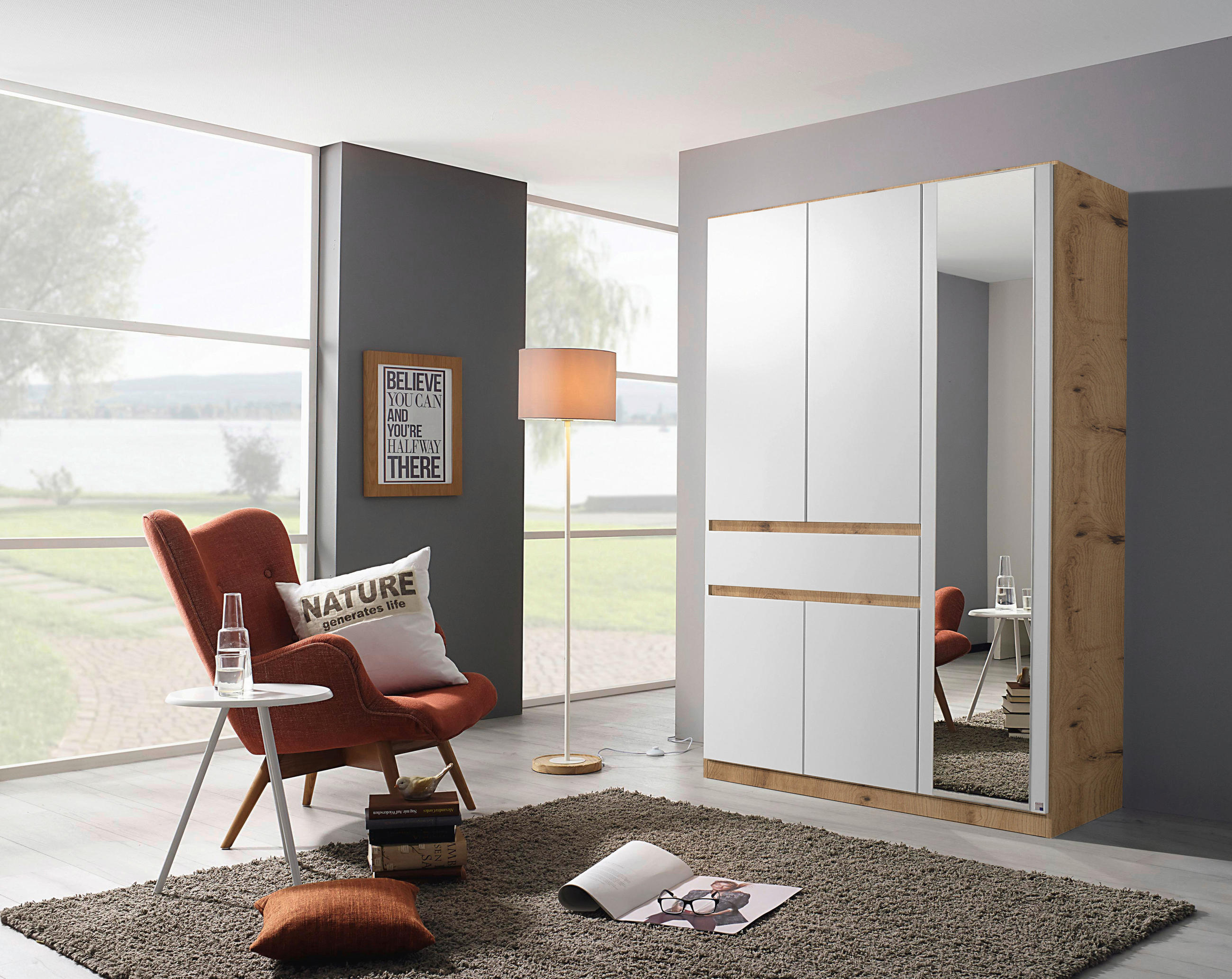 KLEIDERSCHRANK in Weiss, Eiche Artisan - Weiss/Eiche Artisan, Design, Glas/Holzwerkstoff (136/197/54cm) - Rauch Möbel