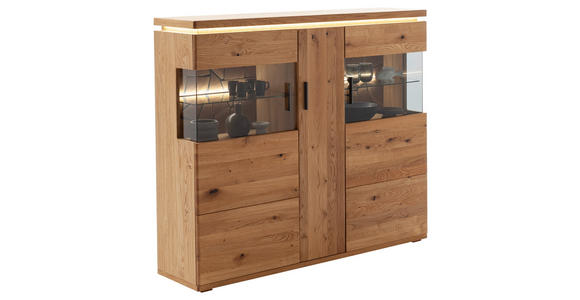 HIGHBOARD Grau, Eichefarben  150/128/37 cm  - Eichefarben/Anthrazit, Natur, Glas/Holz (150/128/37cm) - Linea Natura