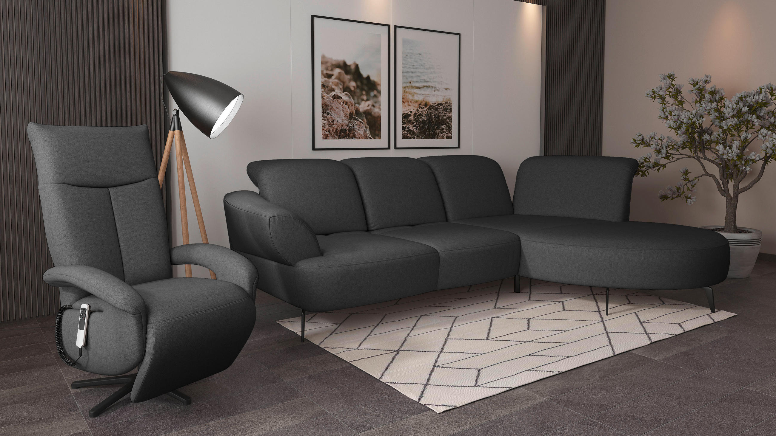 Thumbnail - Sit & More Ecksofa Dance E, Dunkelgrau, Textil, 5-Sitzer, Ottomane rechts, L-Form, 313x208 cm, Goldenes M, Oeko-Tex® Sta...