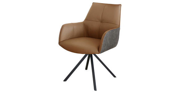 ARMLEHNSTUHL drehbar in Eisen Echtleder pigmentiert - Cognac/Schwarz, Design, Leder/Textil (59,5/87,5/69cm) - Novel