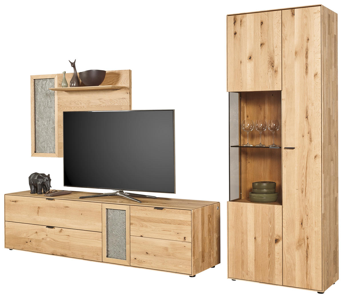 WOHNWAND  in Wildeiche 322,4/205,5/45,2 cm  - Wildeiche/Schwarz, Natur, Glas/Holz (322,4/205,5/45,2cm) - Valnatura