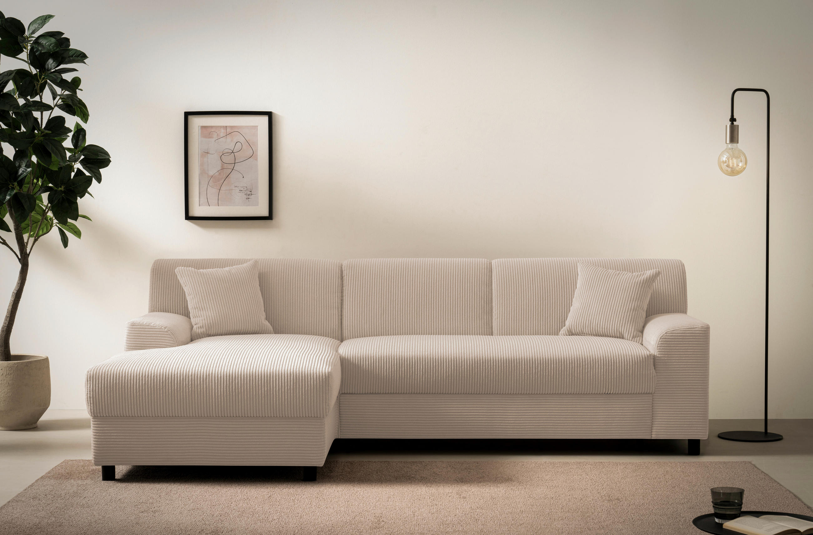 ECKSCHLAFSOFA  CAPRI 2 Taupe Cord  - Taupe/Schwarz, Basics, Kunststoff/Textil (146/241cm) - MID.YOU