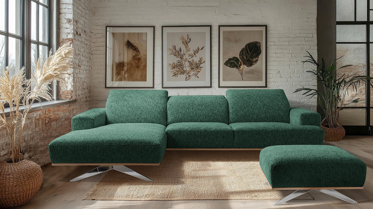 ECKSOFA PORTLAND Grün Struktur Kopfteilverstellung  - Chromfarben/Naturfarben, Design, Holz/Textil (187/295cm) - Livetastic