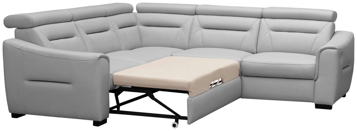 ECKSOFA  in Lederlook Echtleder Platinfarben  - Platinfarben/Wengefarben, Design, Leder/Holz (260/260cm) - Celina Home