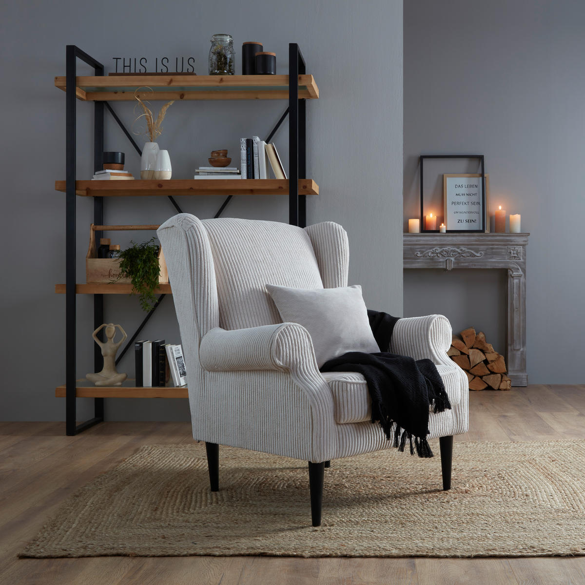 Ohrensessel Viola din textil, bej - bej/negru, lemn/textil (82/95/85cm) - Mömax