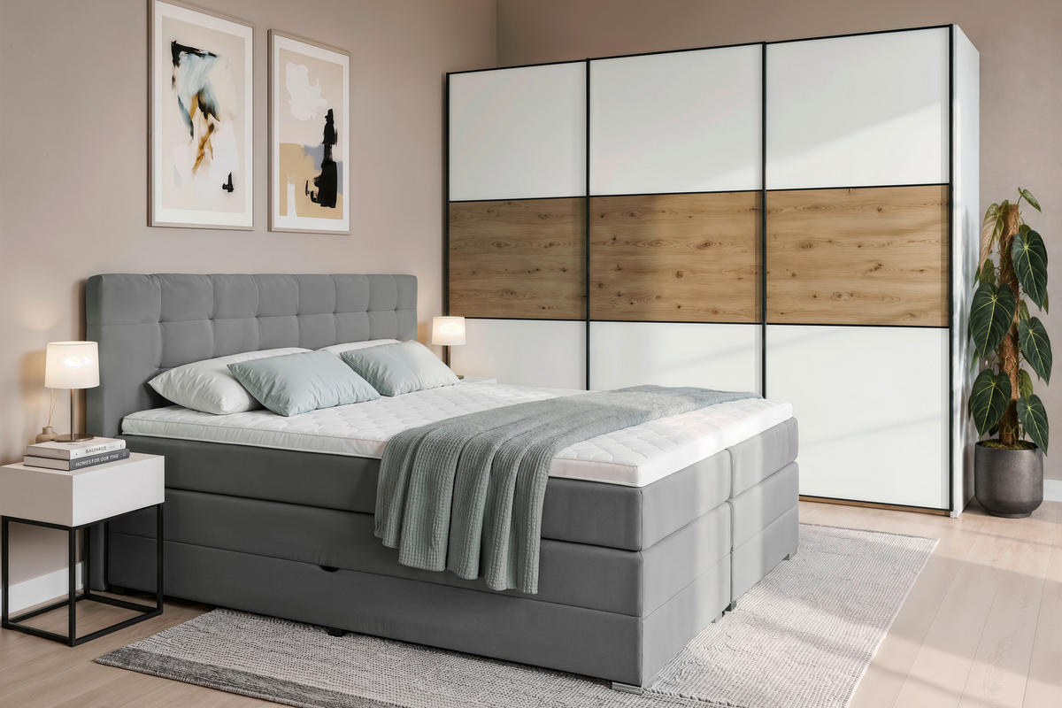 SCHWEBETÜRENSCHRANK 280/222/68 cm,  in Weiß, Eiche Artisan, 3 Tür(en)  - Schwarz/Weiß, Holzwerkstoff/Metall (280/222/68cm) - Moderano