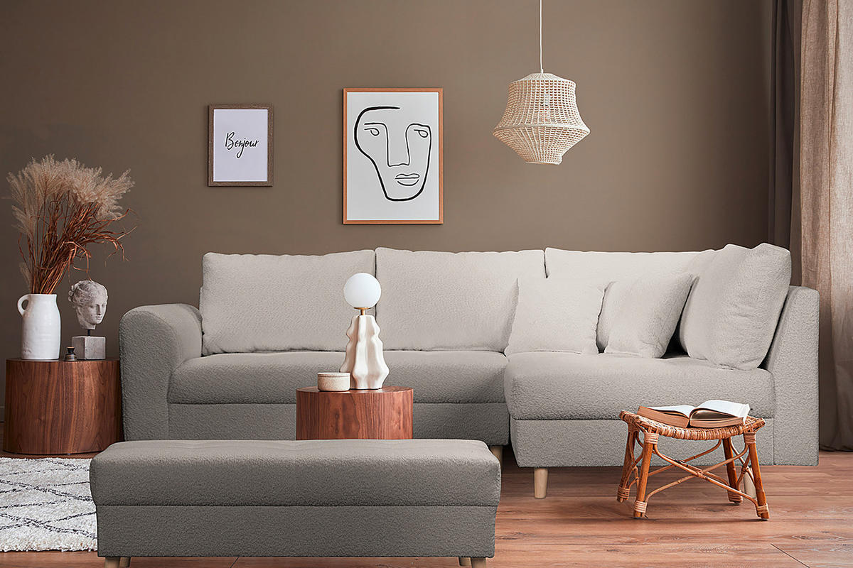 ECKSOFA inkl. Hocker Ariella in Bouclé Grau  231/161 cm  - Naturfarben/Grau, Design, Holz/Textil (231/161cm) - Livetastic