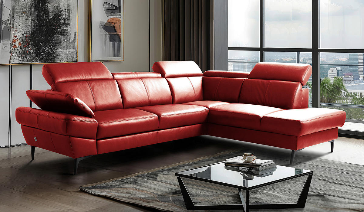 ECKSOFA  in Lederlook Echtleder Rot  - Rot/Schwarz, Design, Leder/Textil (264/211cm) - Livetastic