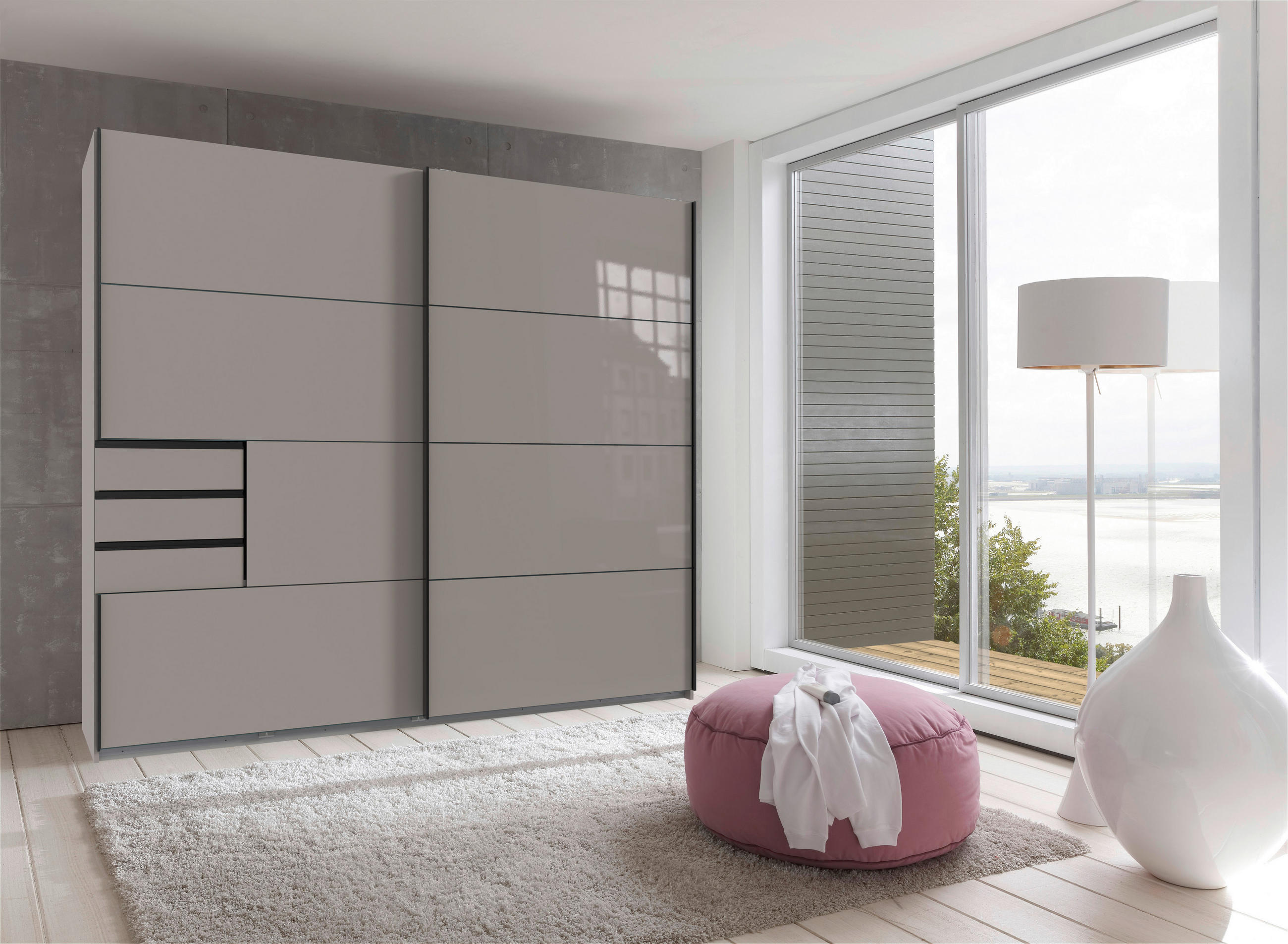 ORMAR S KLIZNIM VRATIMA bež, sivo-bež   - bež/crna, Moderno, drvni materijal/metal (225/208/64cm) - MID.YOU