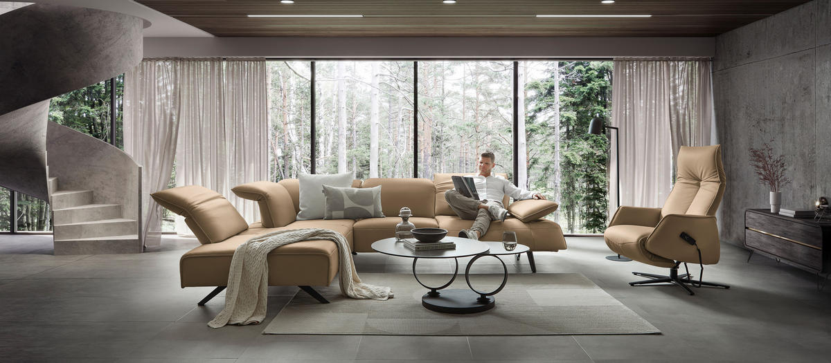 ECKSOFA Echtleder Sandfarben  - Sandfarben/Anthrazit, Design, Leder/Metall (230/290cm) - Johann Jakob