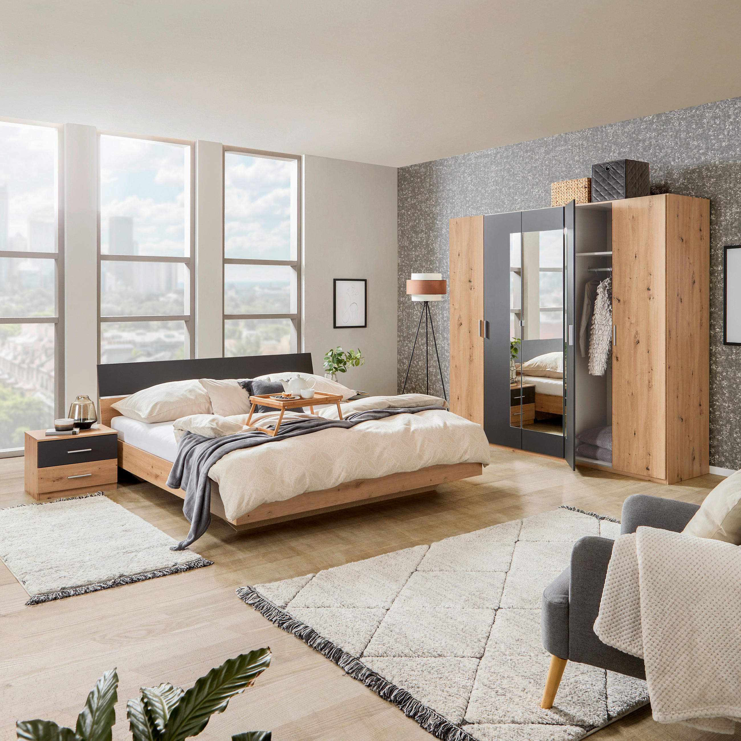 Schlafzimmer-Set Katrin 4-Tlg. Eiche Dekor/Graphit + Spiegel