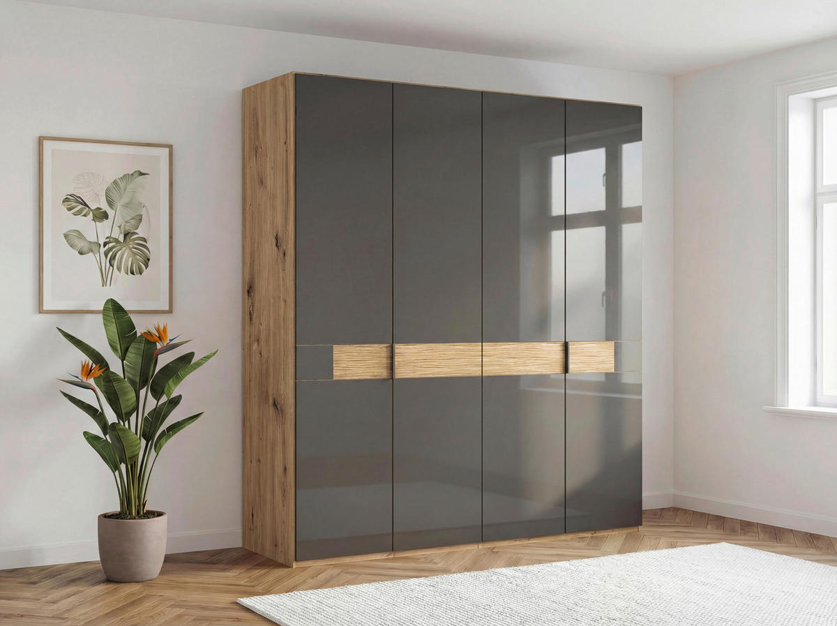 DREHTÜRENSCHRANK 200/216/58 cm,  in Braun, Eiche Bianco, 4 Tür(en)  - Schieferfarben/Eiche Bianco, Design, Glas/Holz (200/216/58cm) - Musterring