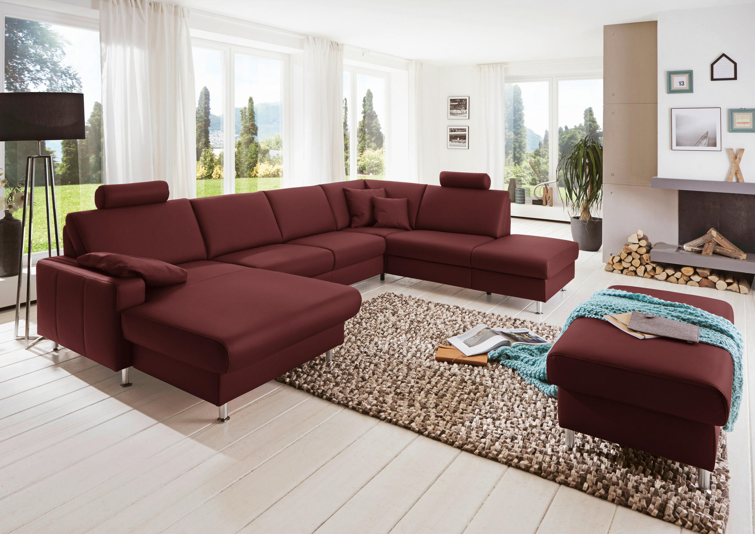 WOHNLANDSCHAFT in Echtleder Brombeere  - Brombeere/Alufarben, Design, Leder/Metall (165/339/233cm) - Beldomo Premium