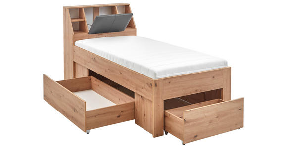 STAURAUMBETT 90/200 cm in Eiche Artisan - Eiche Artisan/Grau, KONVENTIONELL, Holzwerkstoff/Textil (90/200cm) - Carryhome