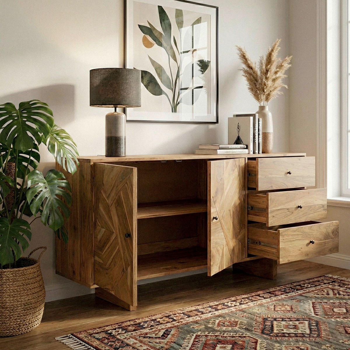 ŠIROKÁ KOMODA, akácie, barvy akácie, 150/75/45 cm - černá/barvy akácie, Design, kov/dřevo (150/75/45cm) - Livetastic