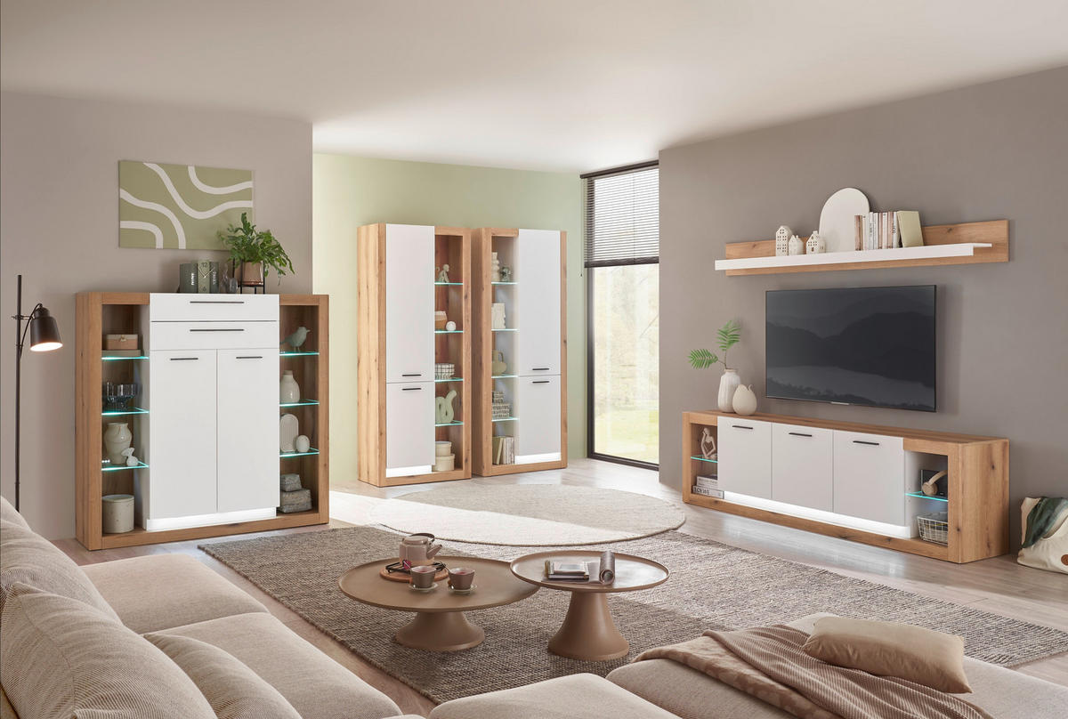 HIGHBOARD  141/139/37 cm 2 Schublade(n)  - Eichefarben/Schwarz, Design, Glas/Holzwerkstoff (141/139/37cm) - MID.YOU