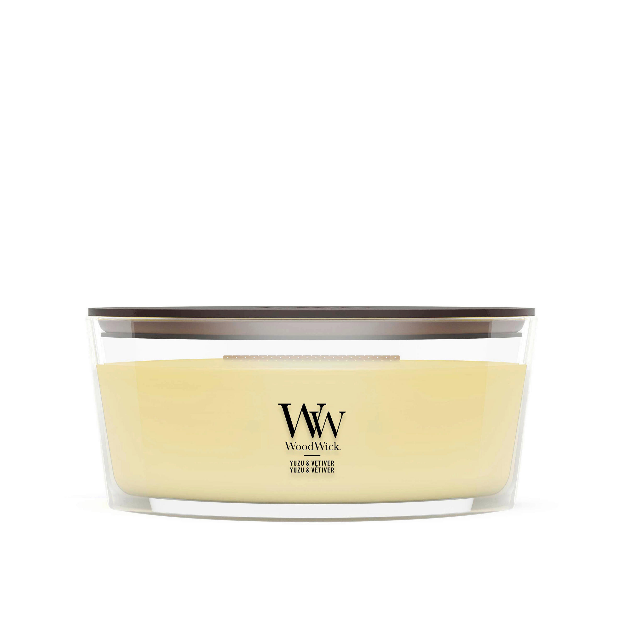 MIRISNA SVEĆA  svetložuta  - svetložuta, Osnovno, staklo/drvo (12/9/19cm) - WoodWick