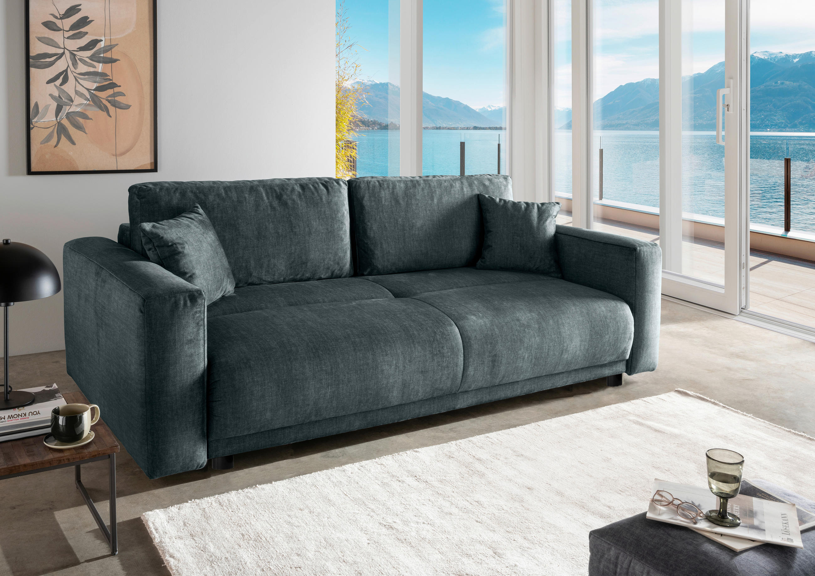 SCHLAFSOFA in Velours Blau  - Blau/Schwarz, Modern, Kunststoff/Textil (245/86/126cm) - Livetastic