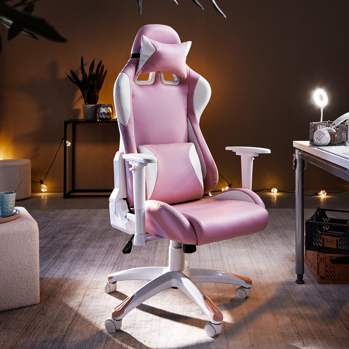 GAMINGSTUHL Weiß, Pink Kunststoff, Textil   - Pink/Weiß, LIFESTYLE, Kunststoff/Textil (66/126-134/59cm) - Livetastic