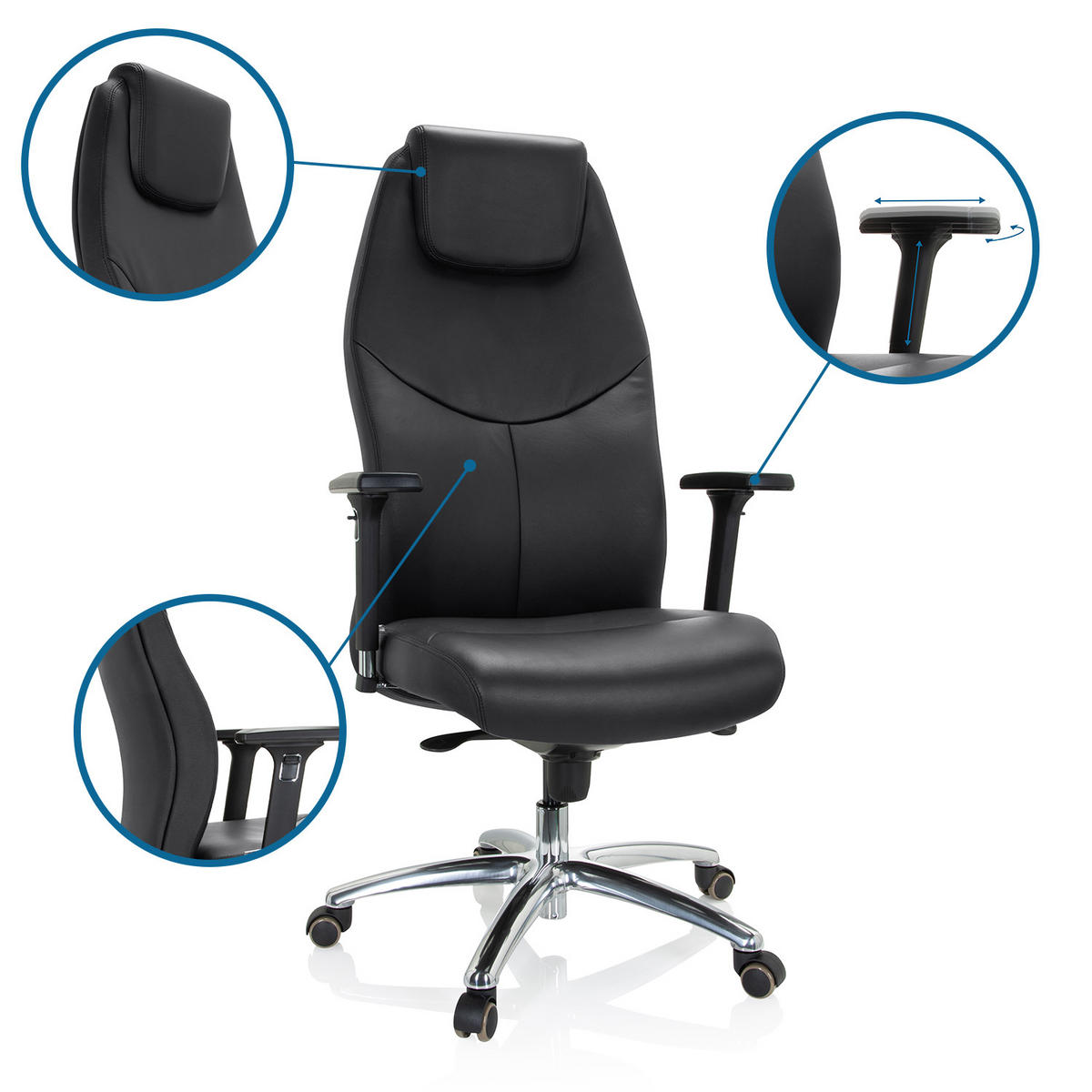 CHEFSESSEL Schwarz  - Silberfarben/Schwarz, Basics, Leder/Kunststoff (70/126/70cm) - MID.YOU