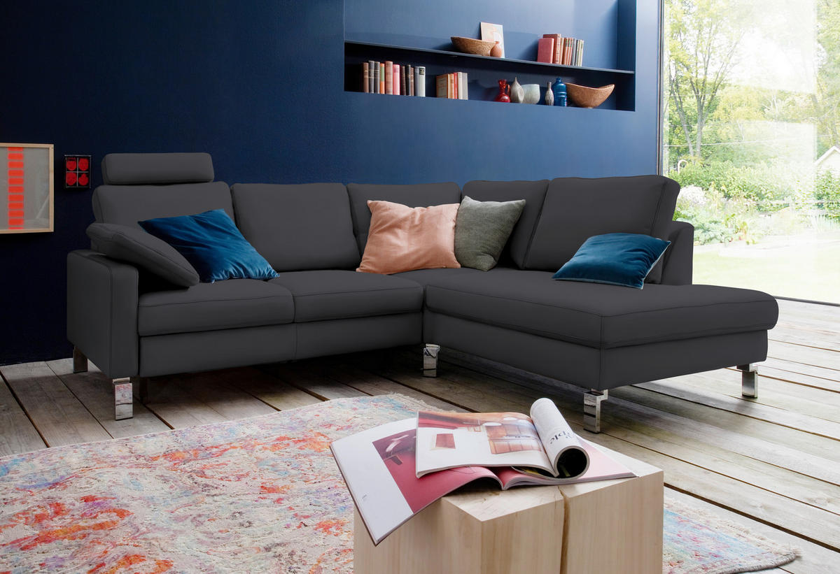 ECKSOFA in Echtleder Dunkelgrau  - Chromfarben/Dunkelgrau, Design, Leder/Metall (281/200cm) - Pure Home Lifestyle