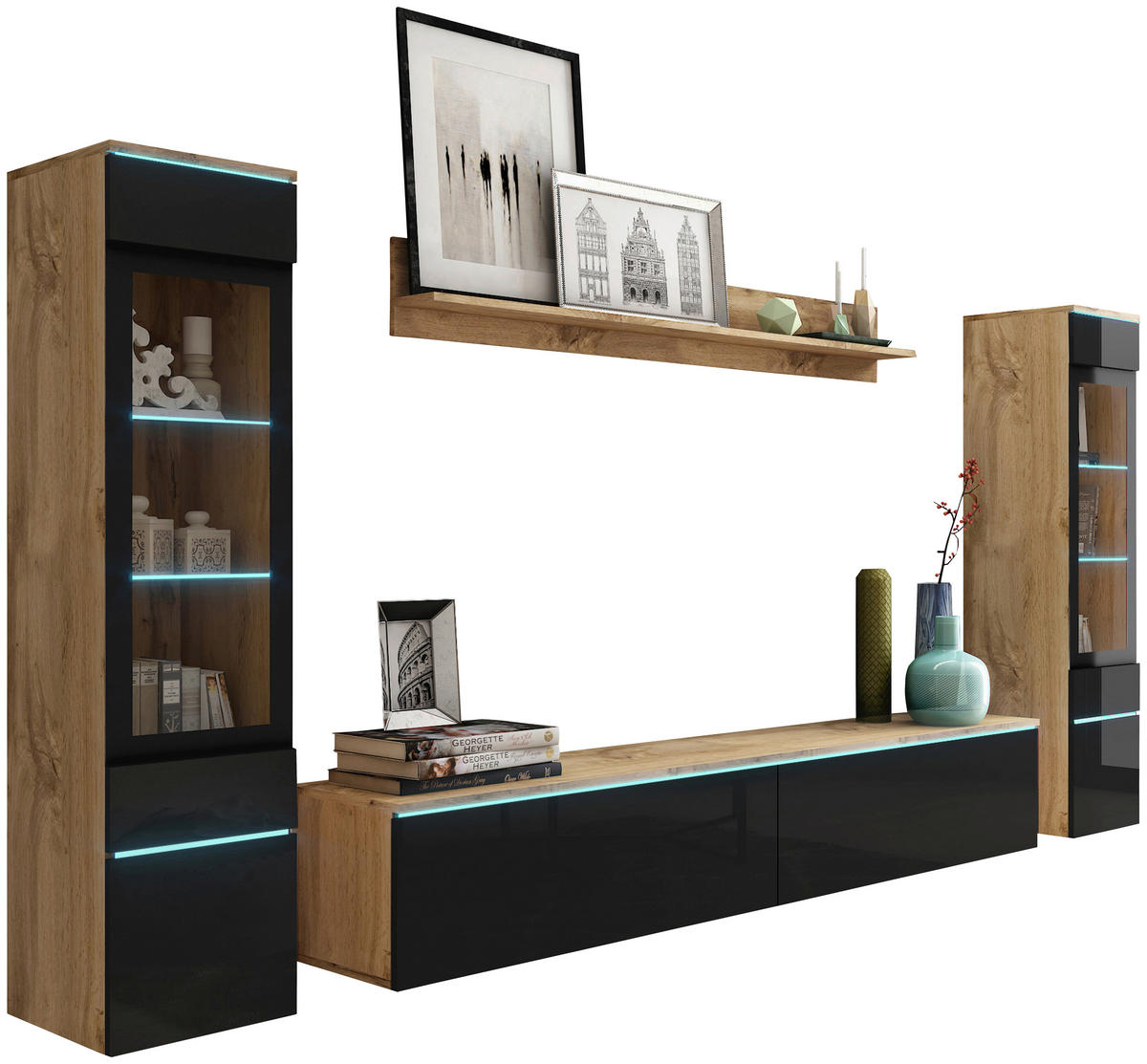 Obývacia stena s LED, dub wotan, čierna s vysokým leskom - sivá/dub wotan, Lifestyle, kompozitné drevo/plast (240/130/33cm) - P & B