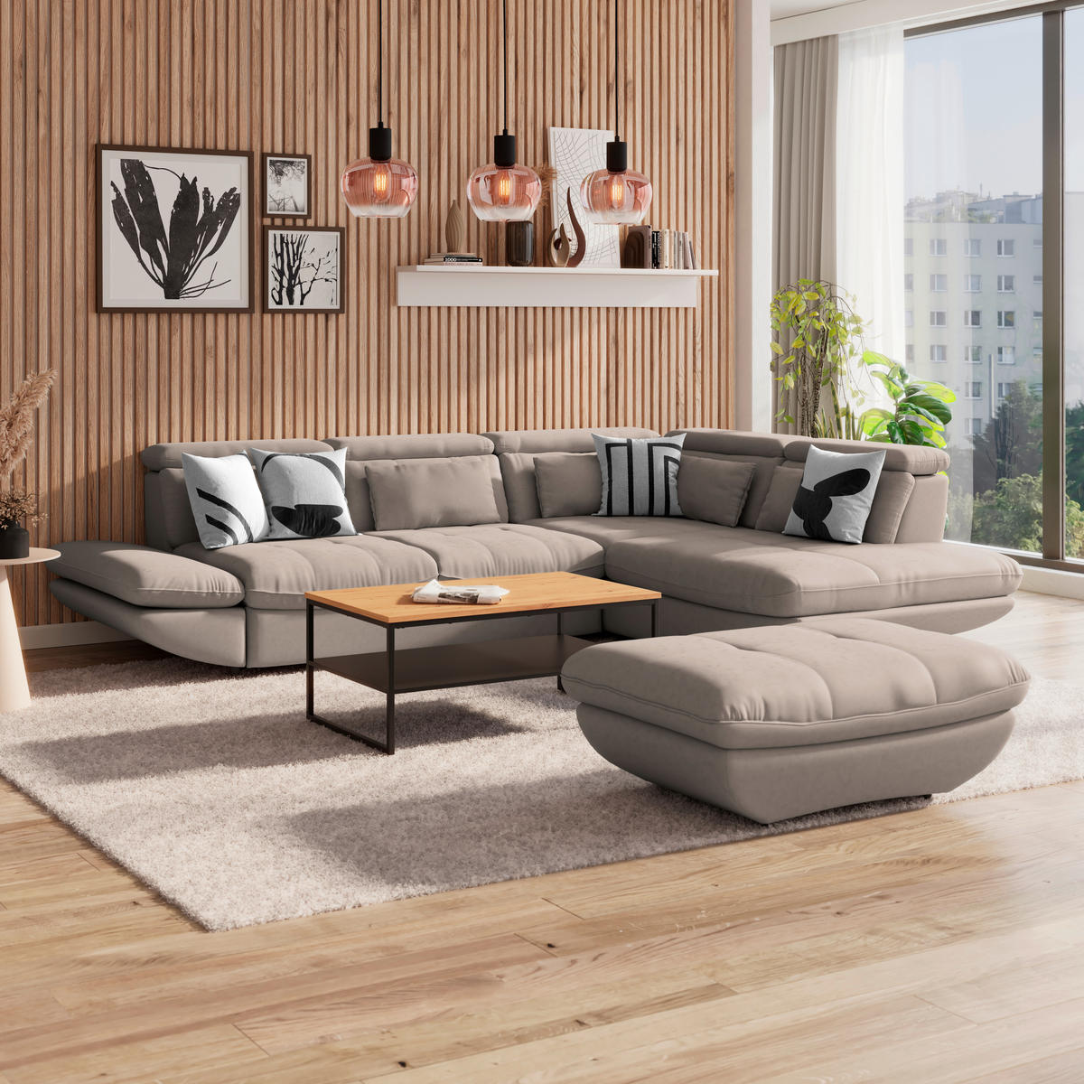 WOHNLANDSCHAFT in Webstoff Beige  - Beige/Schwarz, Modern, Kunststoff/Textil (233/311cm) - MID.YOU