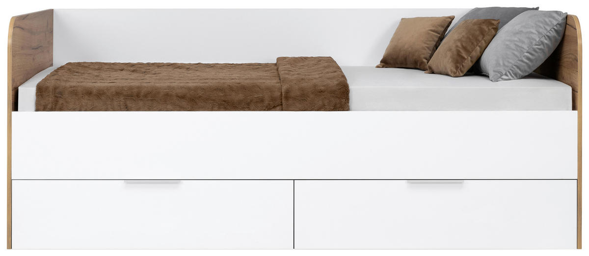 STAURAUMBETT 90/200 cm  in Eiche Wotan  - Weiß Hochglanz/Eiche Wotan, MODERN, Holzwerkstoff (90/200cm) - MID.YOU