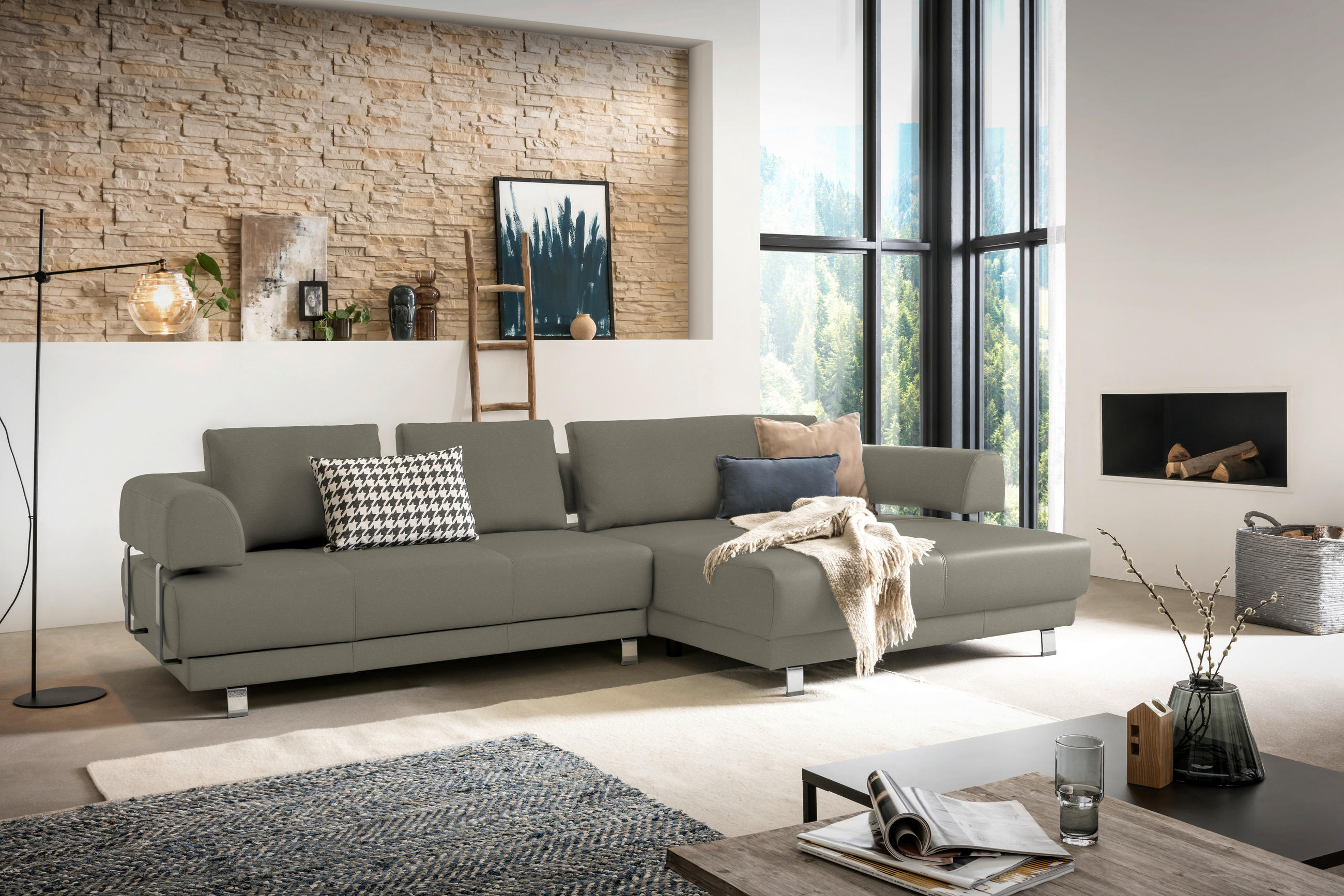ECKSOFA Grau Echtleder  - Grau, Design, Leder/Metall (307/188cm)