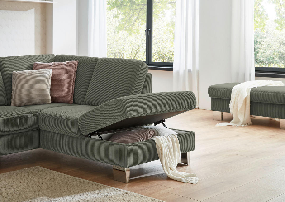 ECKSOFA in Cord Olivgrün  - Edelstahlfarben/Olivgrün, Konventionell, Textil/Metall (248/200cm) - Beldomo System