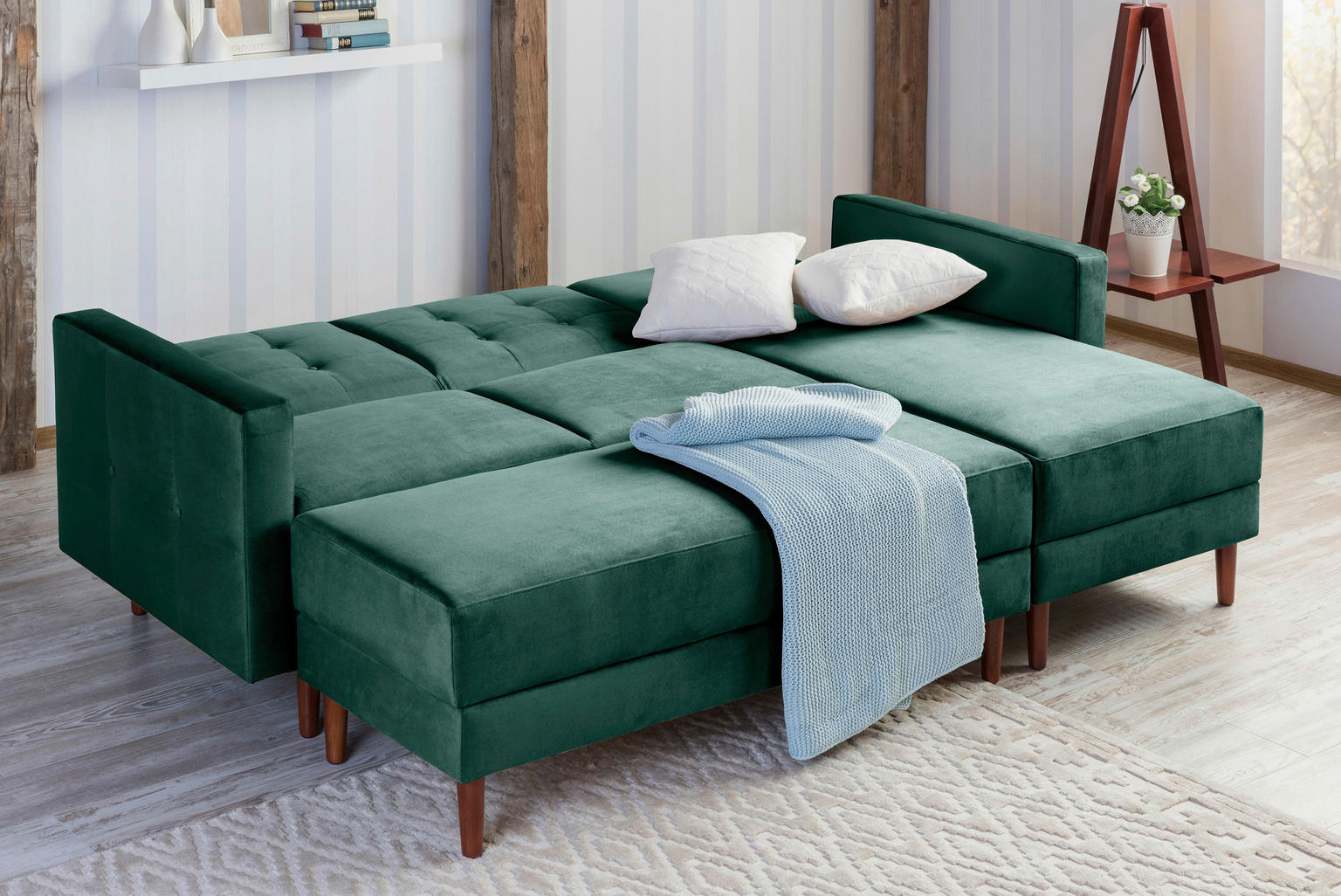 ECKSCHLAFSOFA inkl. Hocker Grün Samt, Velours - Einrichtungsbeispiel