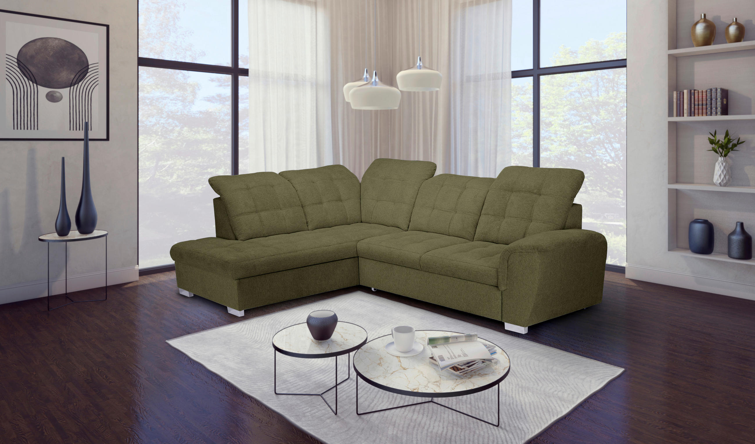 ECKSOFA Olivgrün Chenille  - Chromfarben/Olivgrün, KONVENTIONELL, Kunststoff/Textil (205/260cm) - Carryhome
