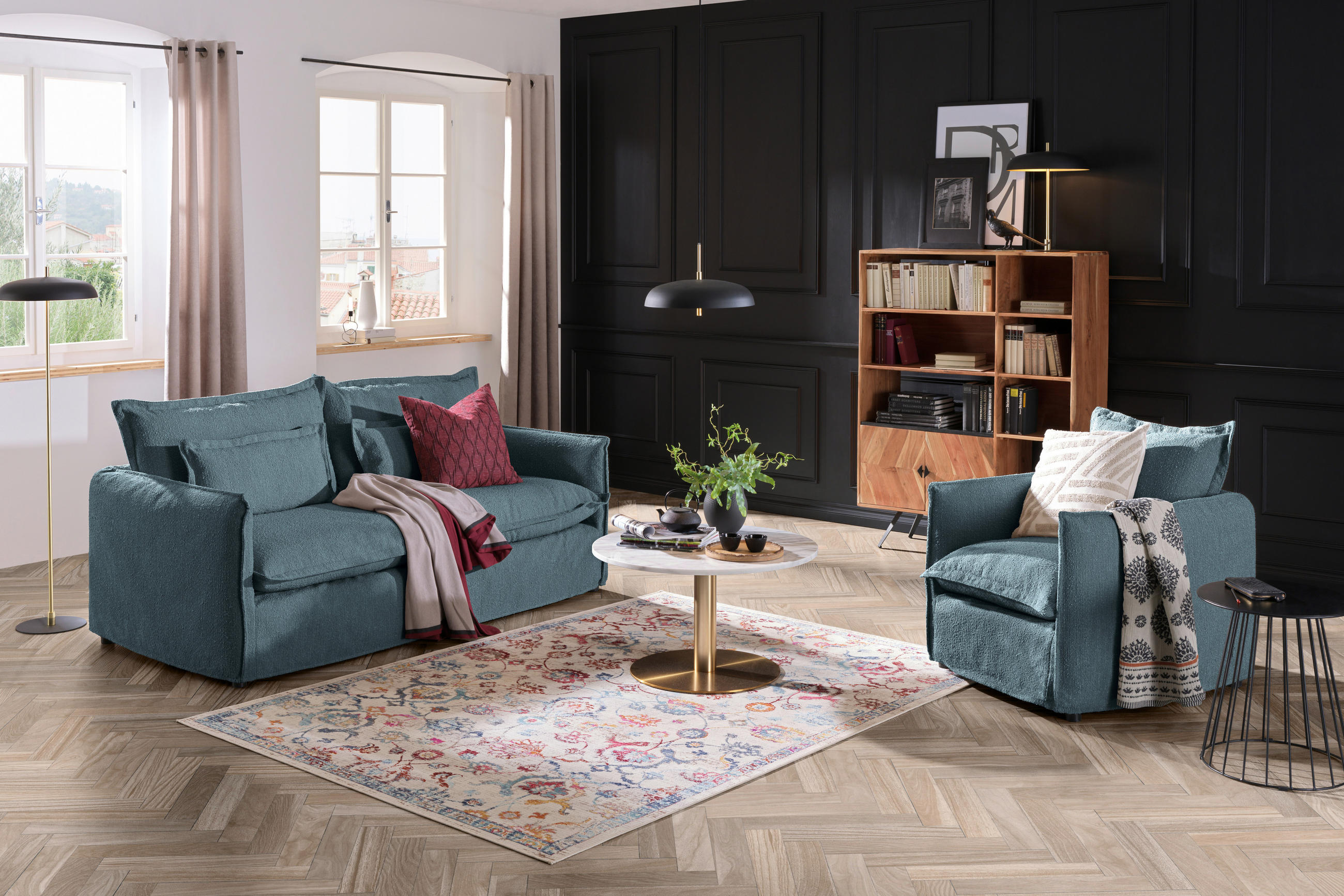 HUSSEN-SOFA in Flachgewebe, Bouclé Blau - Blau, Trend, Textil/Metall (195/82/98cm) - Livetastic