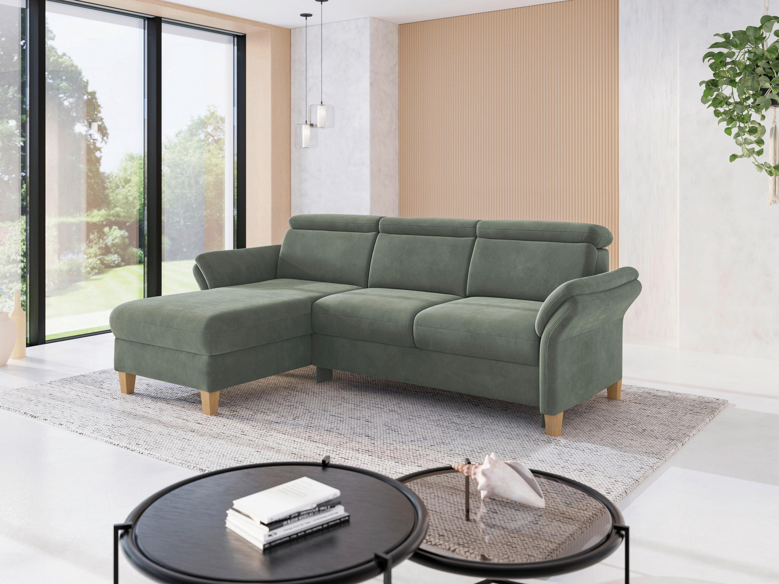 ECKSOFA GLENDALE E Dunkelgrün Flachgewebe  - Dunkelgrün/Eichefarben, KONVENTIONELL, Holz/Textil (166/253cm) - Sit & More