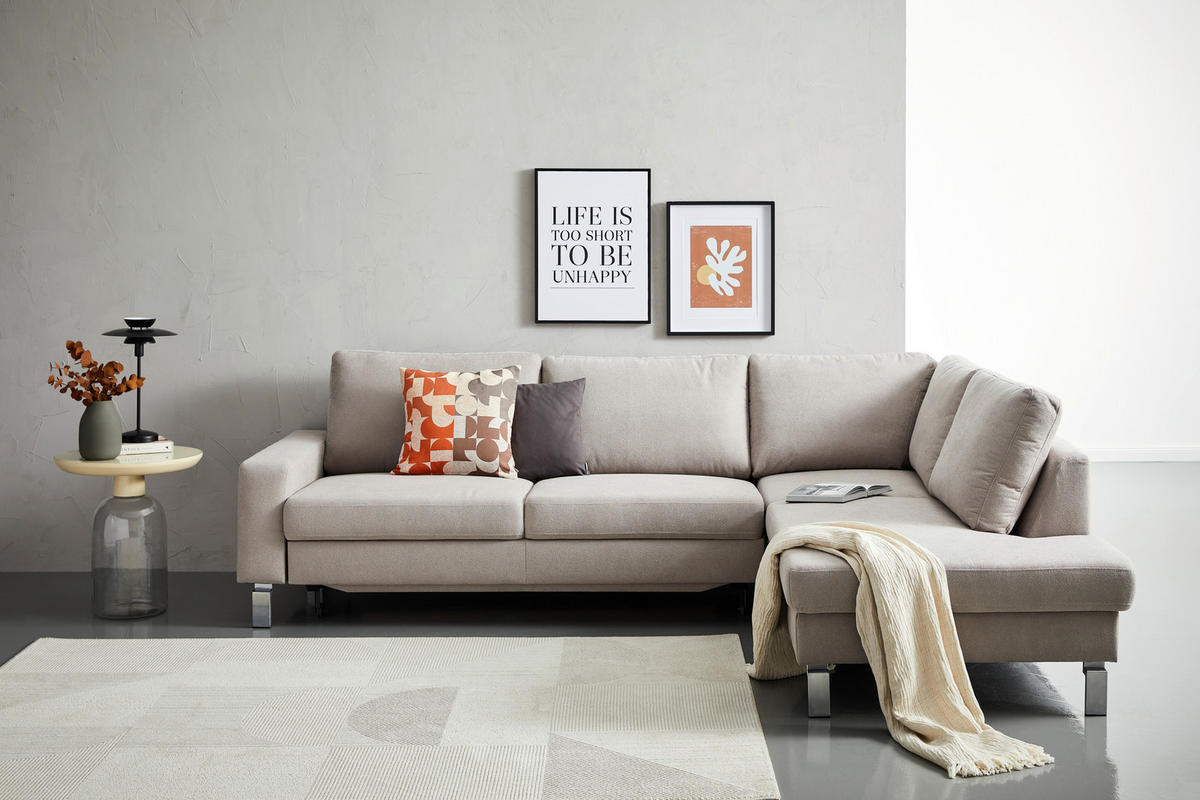 ECKSOFA in Flachgewebe Hellgrau  - Chromfarben/Hellgrau, Design, Textil/Metall (276/200cm) - Hom`in