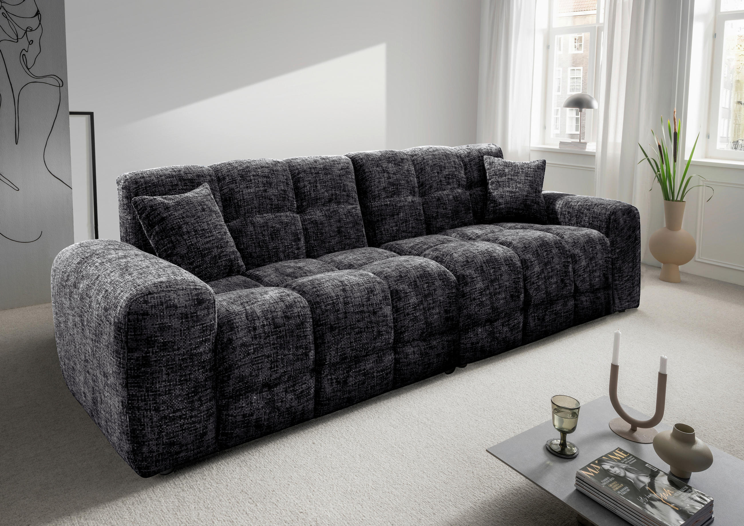 VIERSITZER-SOFA in Struktur Schwarz  - Schwarz, Modern, Kunststoff/Textil (300/87/120cm) - Livetastic