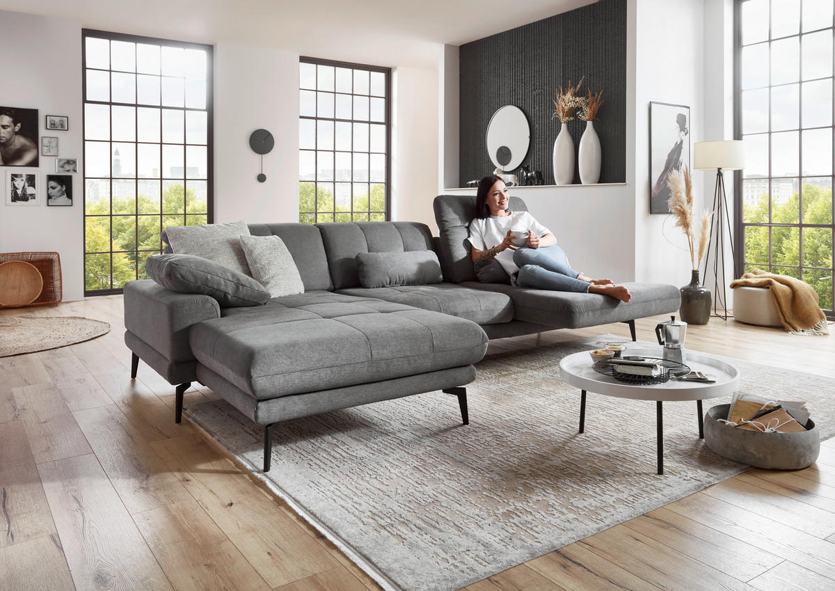 ECKSOFA in Flachgewebe Grau  - Schwarz/Grau, Design, Textil/Metall (190/309cm) - Beldomo Style