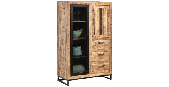 HIGHBOARD Mangoholz massiv Naturfarben, Hellbraun  - Hellbraun/Schwarz, Design, Glas/Holz (90/142/40cm) - Carryhome