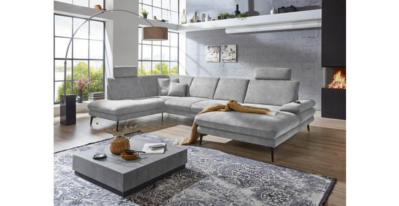 WOHNLANDSCHAFT in Velours Hellgrau - Hellgrau/Schwarz, Design, Textil/Metall (208/344/180cm) - Dieter Knoll