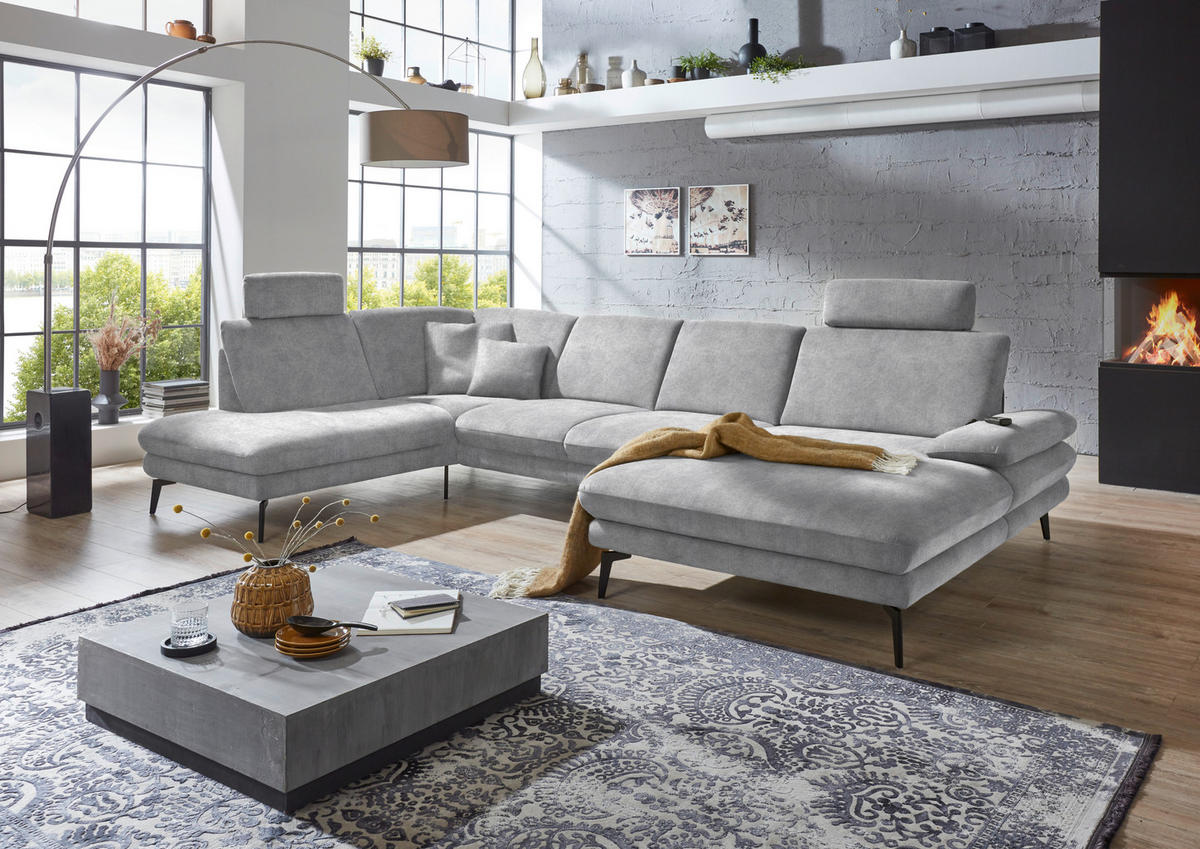 WOHNLANDSCHAFT in Velours Hellgrau  - Hellgrau/Schwarz, Design, Textil/Metall (208/344/180cm) - Dieter Knoll