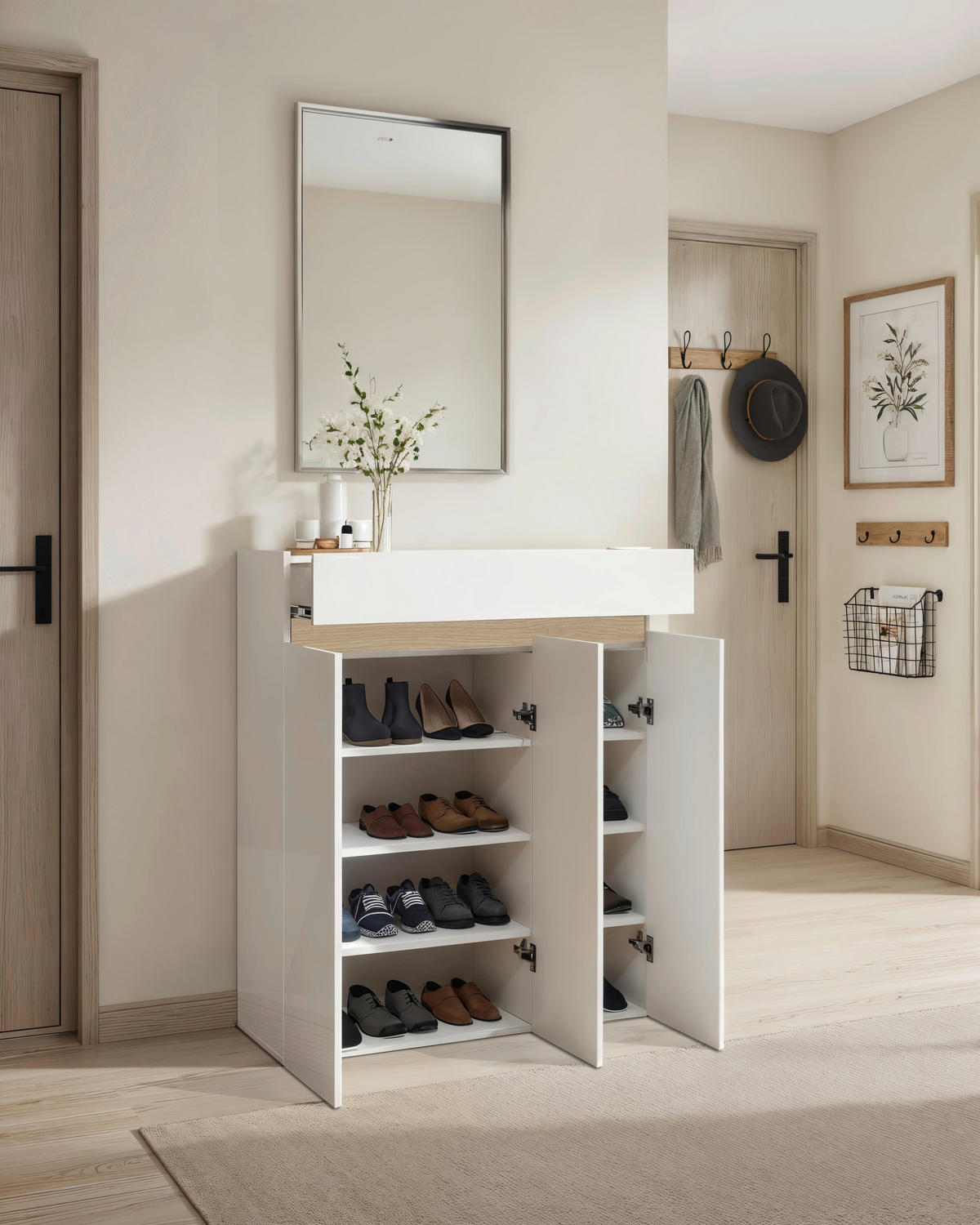 SCHUHSCHRANK Eichefarben, Weiß Hochglanz  - Eichefarben/Weiß Hochglanz, Design, Holzwerkstoff (94/114/35cm) - MID.YOU