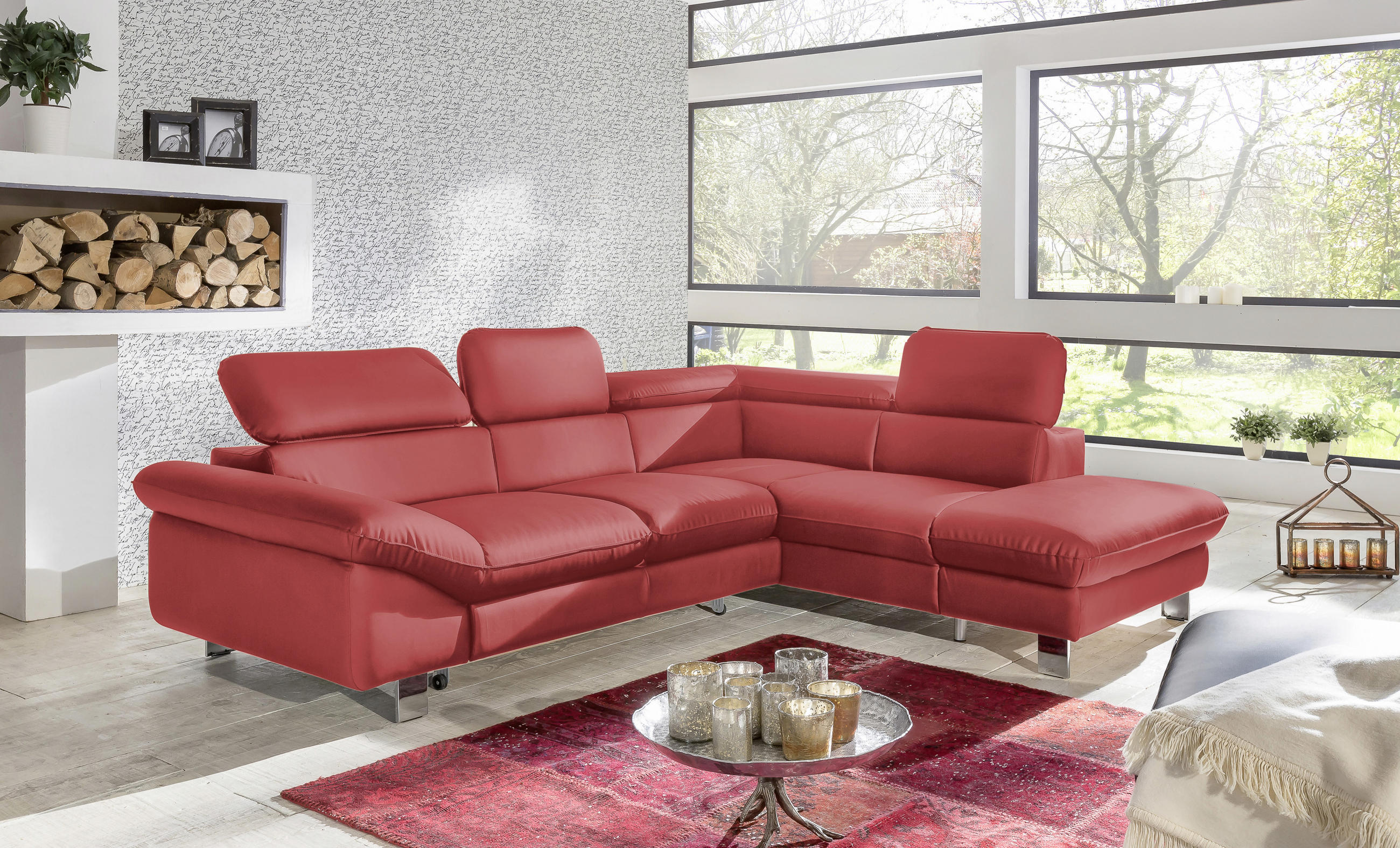 WOHNLANDSCHAFT in Lederlook Rot  - Chromfarben/Rot, MODERN, Textil/Metall (266/214cm) - MID.YOU