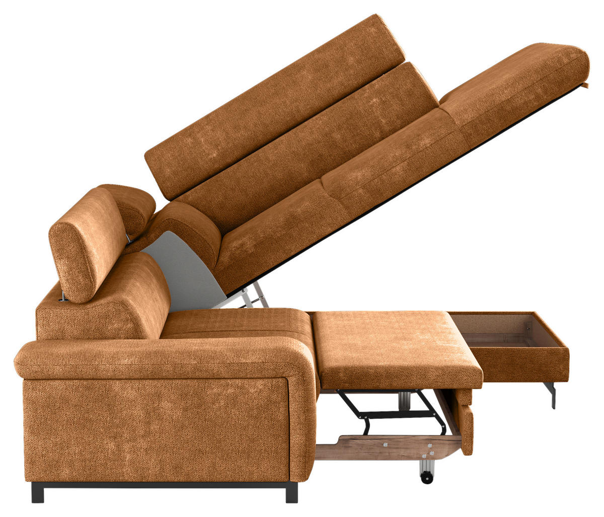 ECKSOFA Cognac Chenille  - Cognac/Schwarz, Textil/Metall (262/215cm) - MID.YOU
